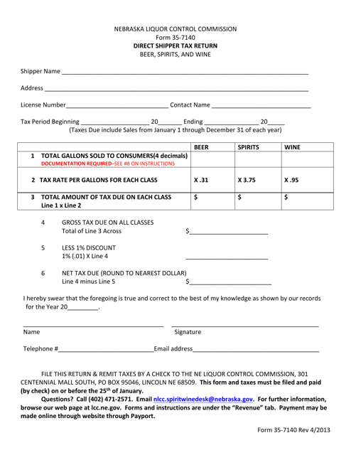 Form 35-7140 Direct Shipper Tax Return - Beer, Spirits, and Wine - Nebraska