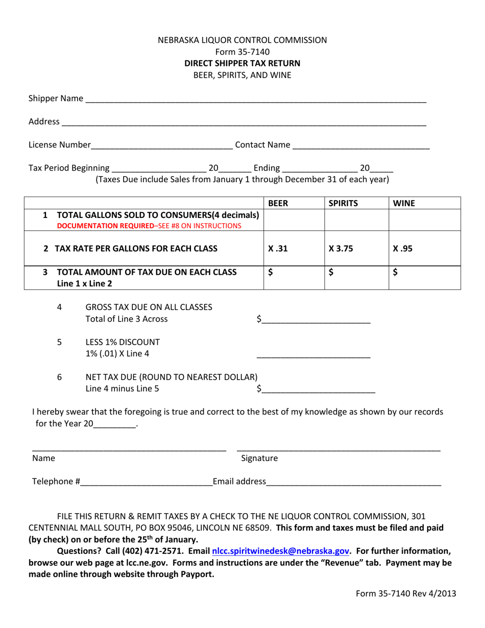 Form 35-7140 Direct Shipper Tax Return - Beer, Spirits, and Wine - Nebraska, Page 1