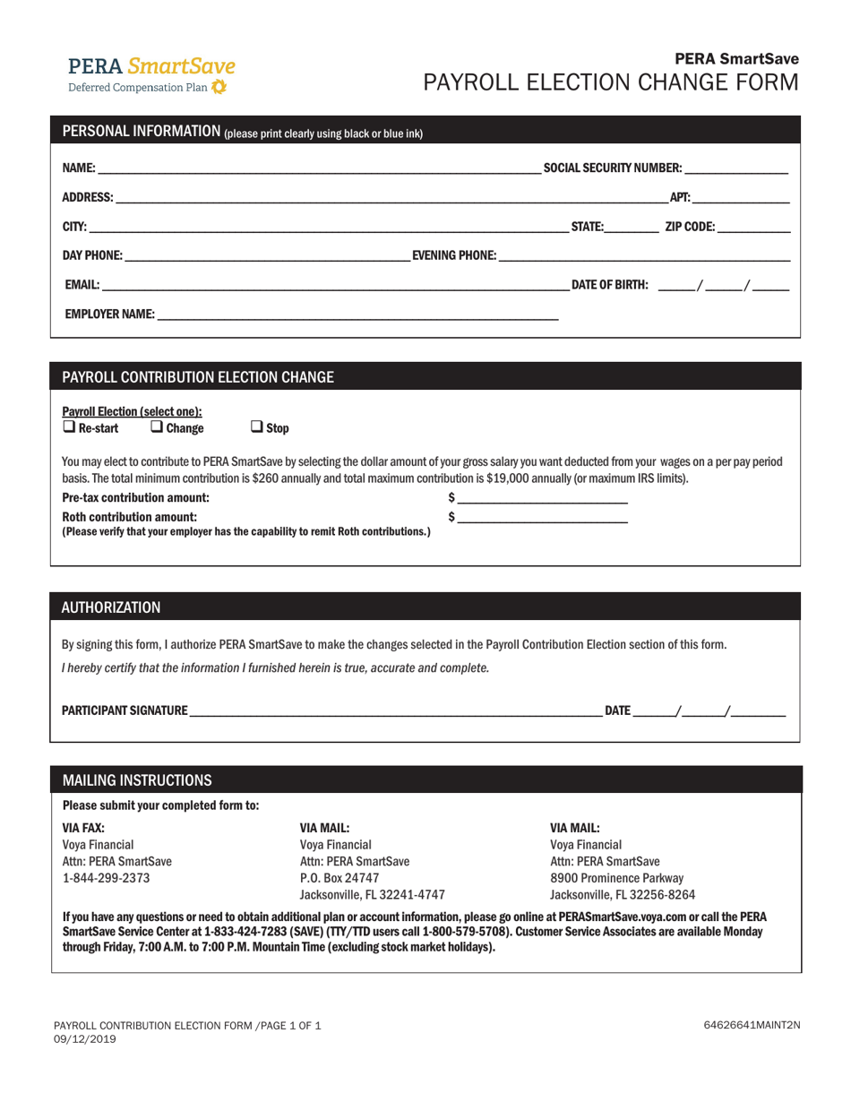 Pera Smartsave Payroll Election Change Form - New Mexico, Page 1