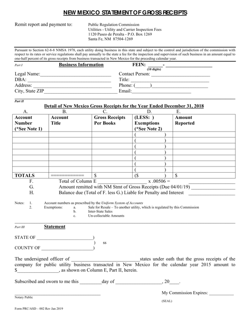 Form PRC/ASD-002 New Mexico Statement of Gross Receipts - New Mexico