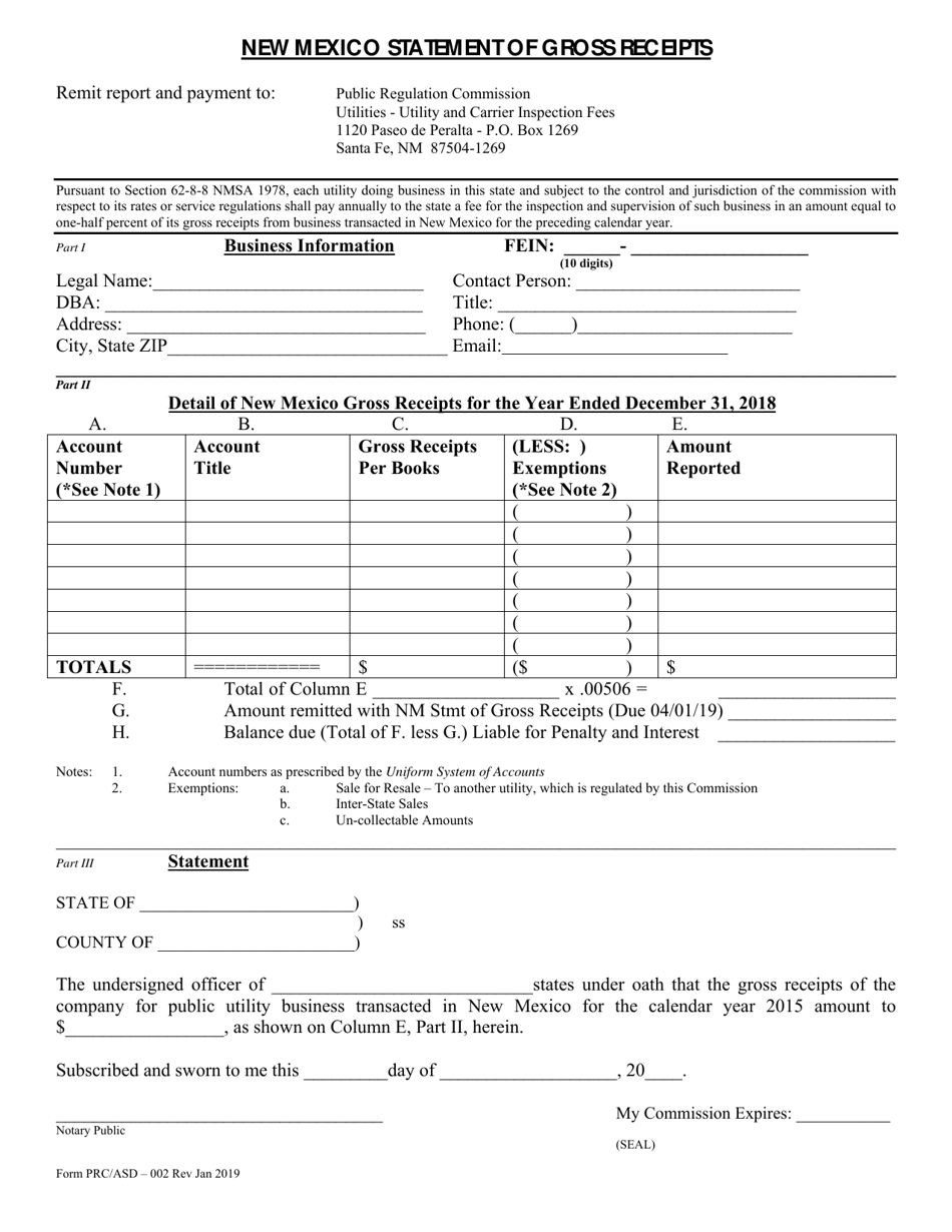 Form PRC / ASD-002 New Mexico Statement of Gross Receipts - New Mexico, Page 1