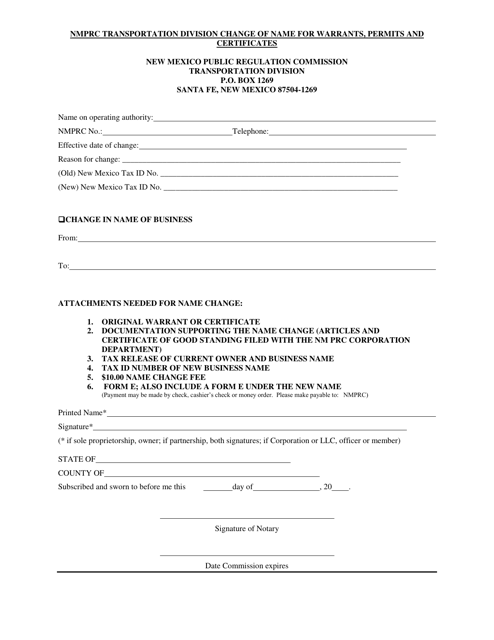 Change of Name for Warrants, Permits and Certificates - New Mexico Download Pdf