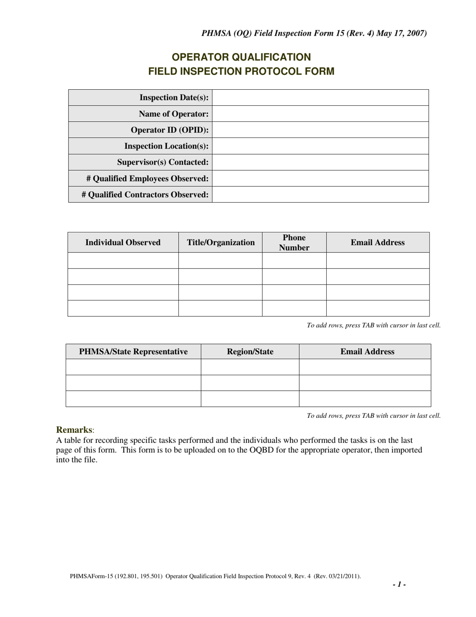 Form 15 Operator Qualification Field Inspection Protocol Form - New Mexico, Page 1
