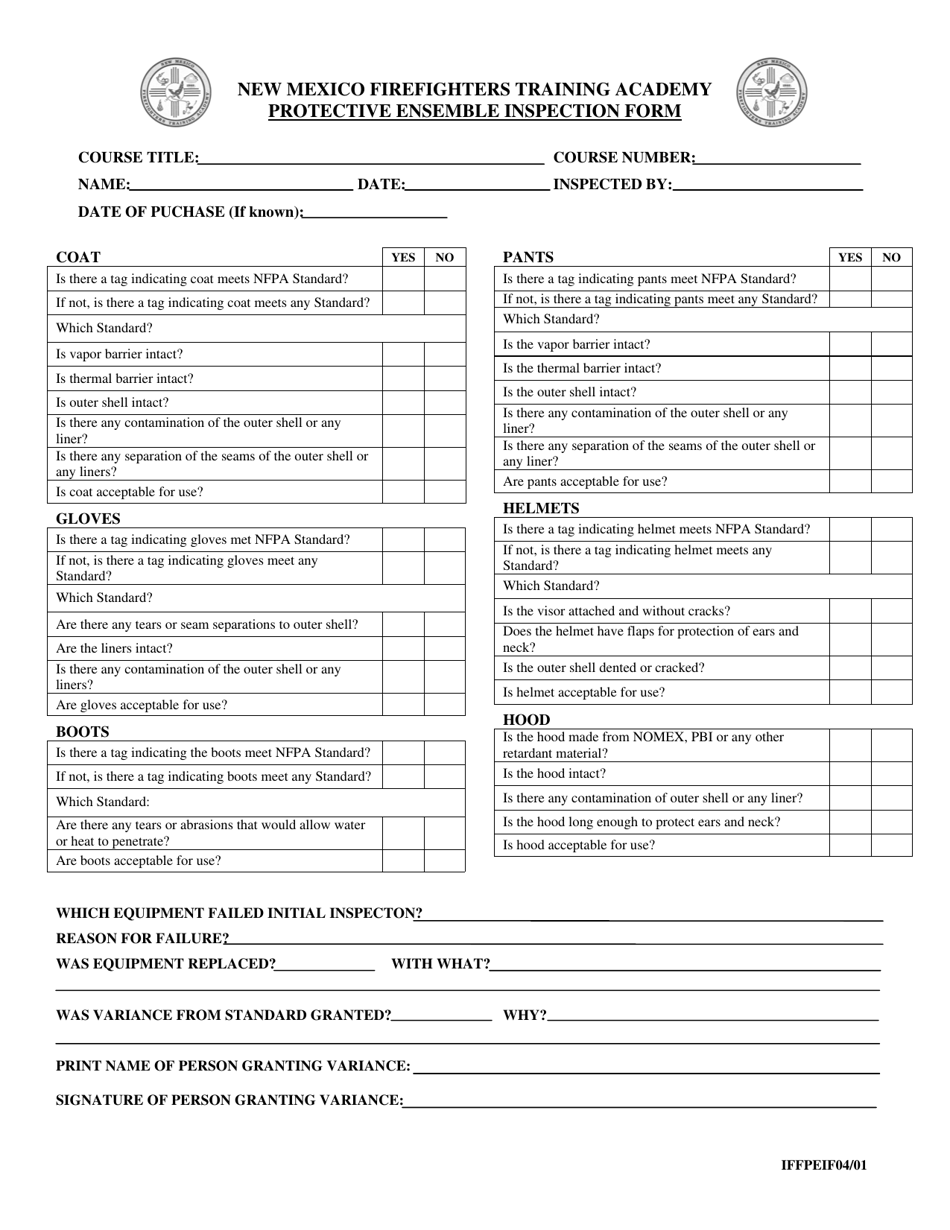 Protective Ensemble Inspection Form - New Mexico, Page 1