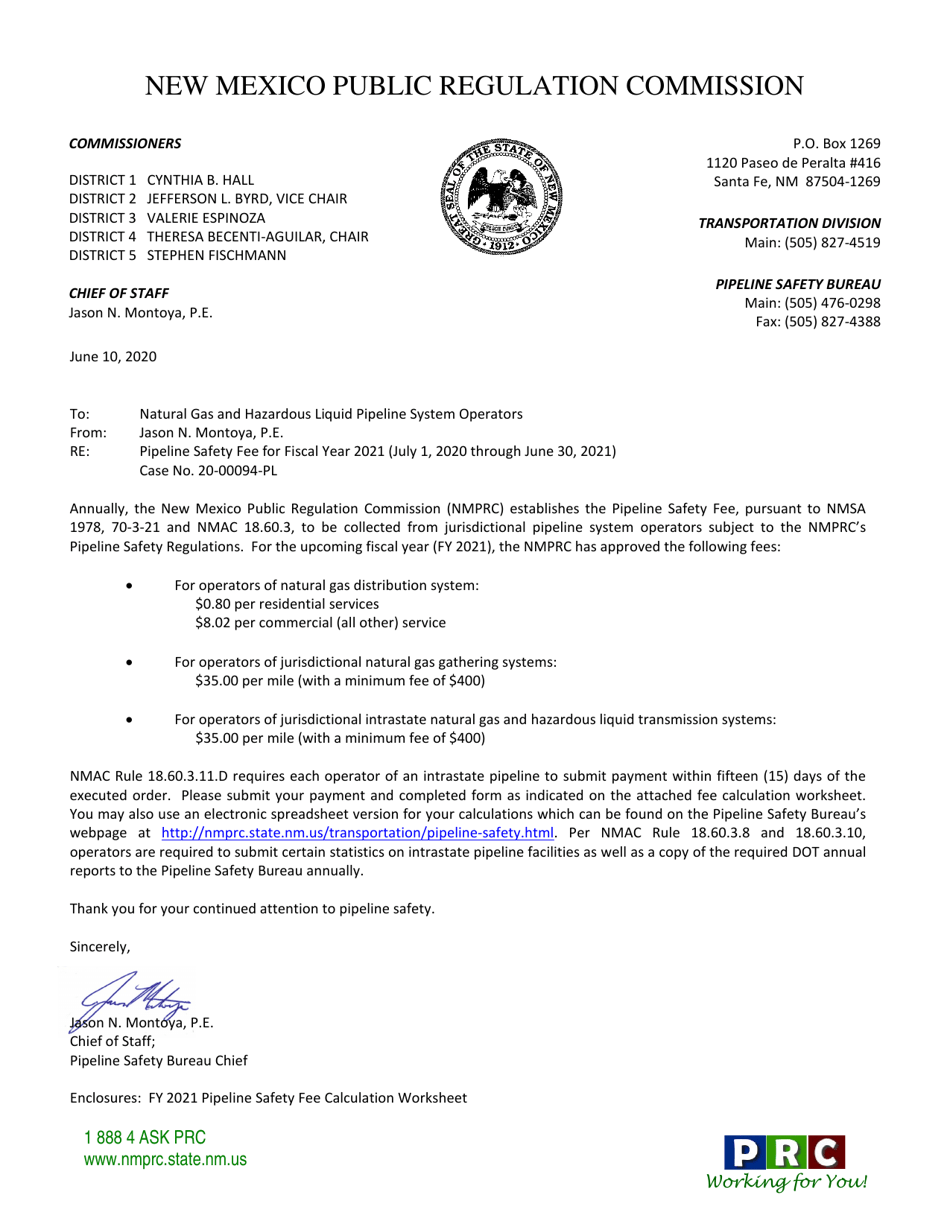 Pipeline Safety Fee Calculation Worksheet - New Mexico, Page 1