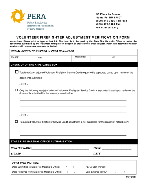 Volunteer Firefighter Adjustment Verification Form - New Mexico
