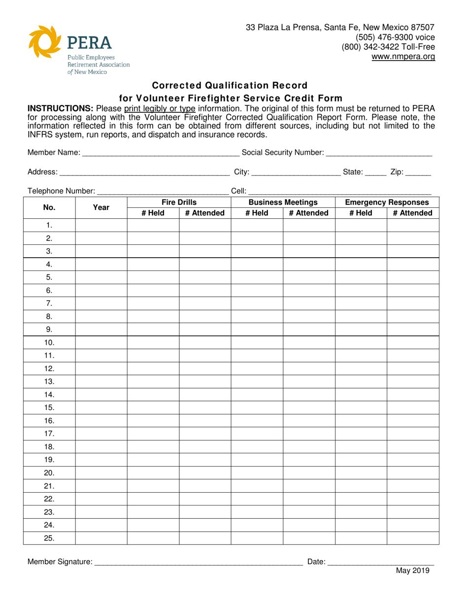 Corrected Qualification Record for Volunteer Firefighter Service Credit Form - New Mexico, Page 1