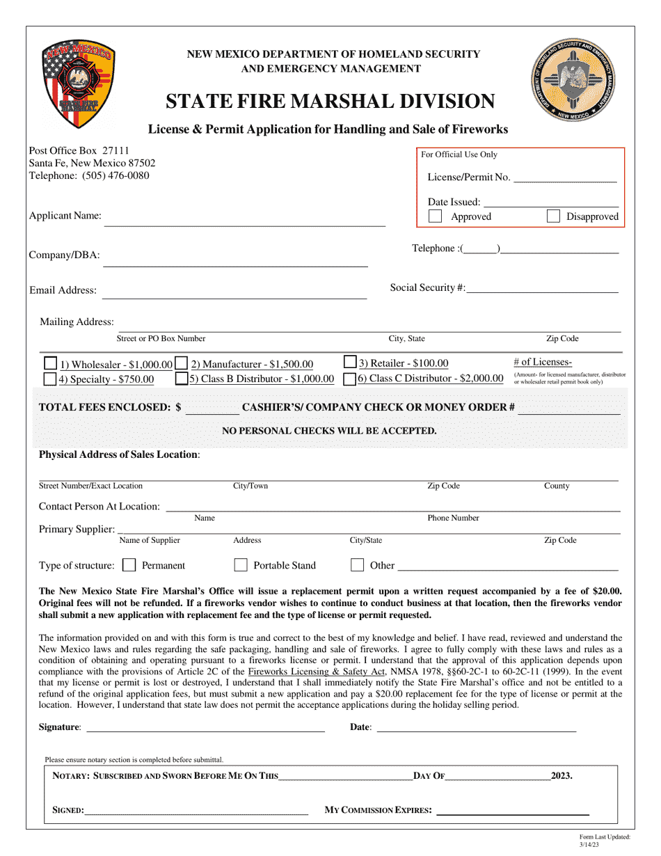 License  Permit Application for Handling and Sale of Fireworks - New Mexico, Page 1