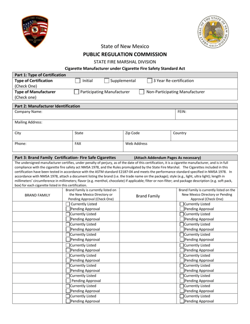 Cigarette Fire Safety Form - New Mexico Download Pdf