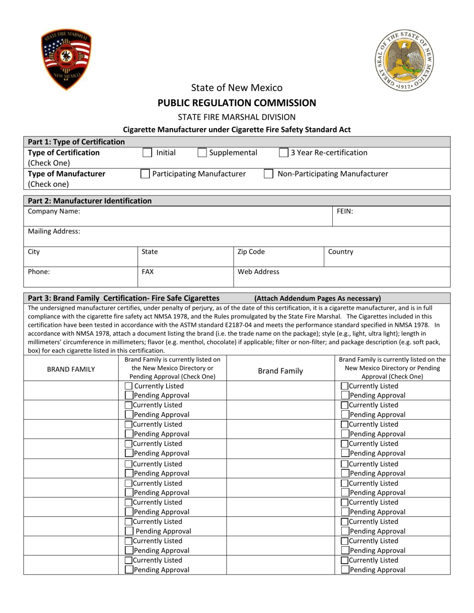 Cigarette Fire Safety Form - New Mexico, Page 1