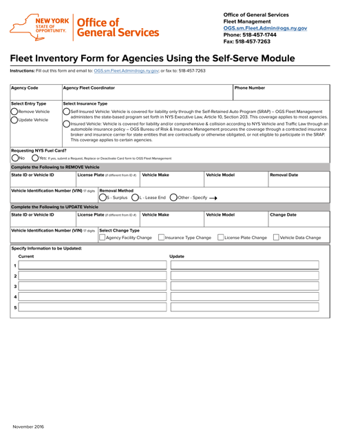 Fleet Inventory Form for Agencies Using the Self-serve Module - New York Download Pdf