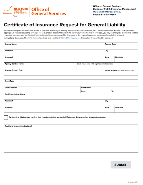 Certificate of Insurance Request for General Liability - New York