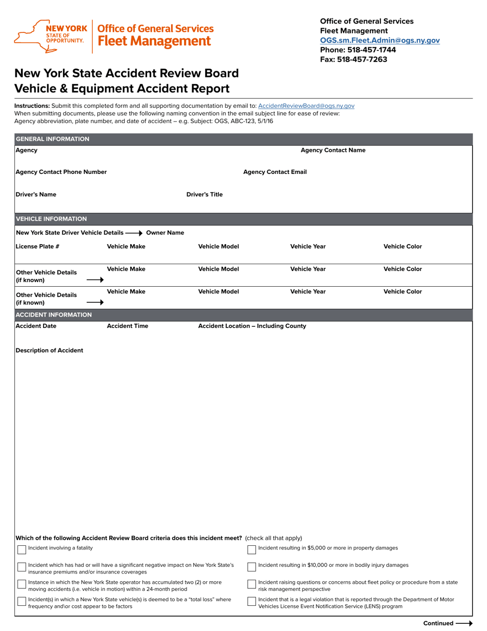 New York State Accident Review Board Vehicle  Equipment Accident Report - New York, Page 1