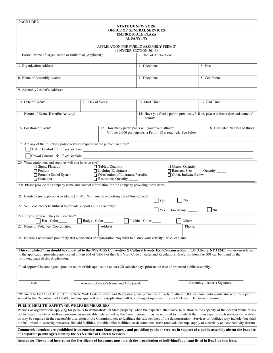 Application for Permit to Assemble: Albany Area - New York, Page 1