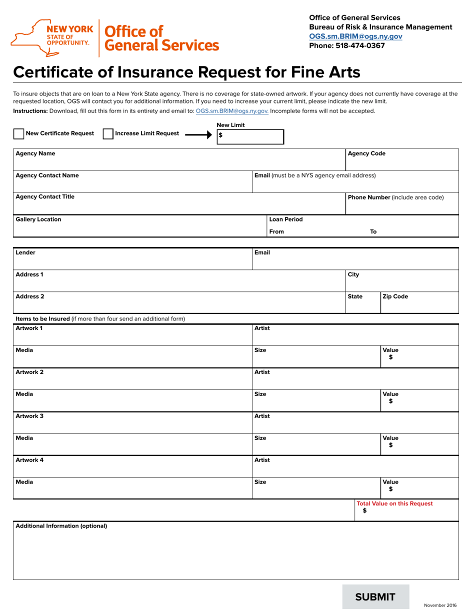 New York Certificate of Insurance Request for Fine Arts Fill Out