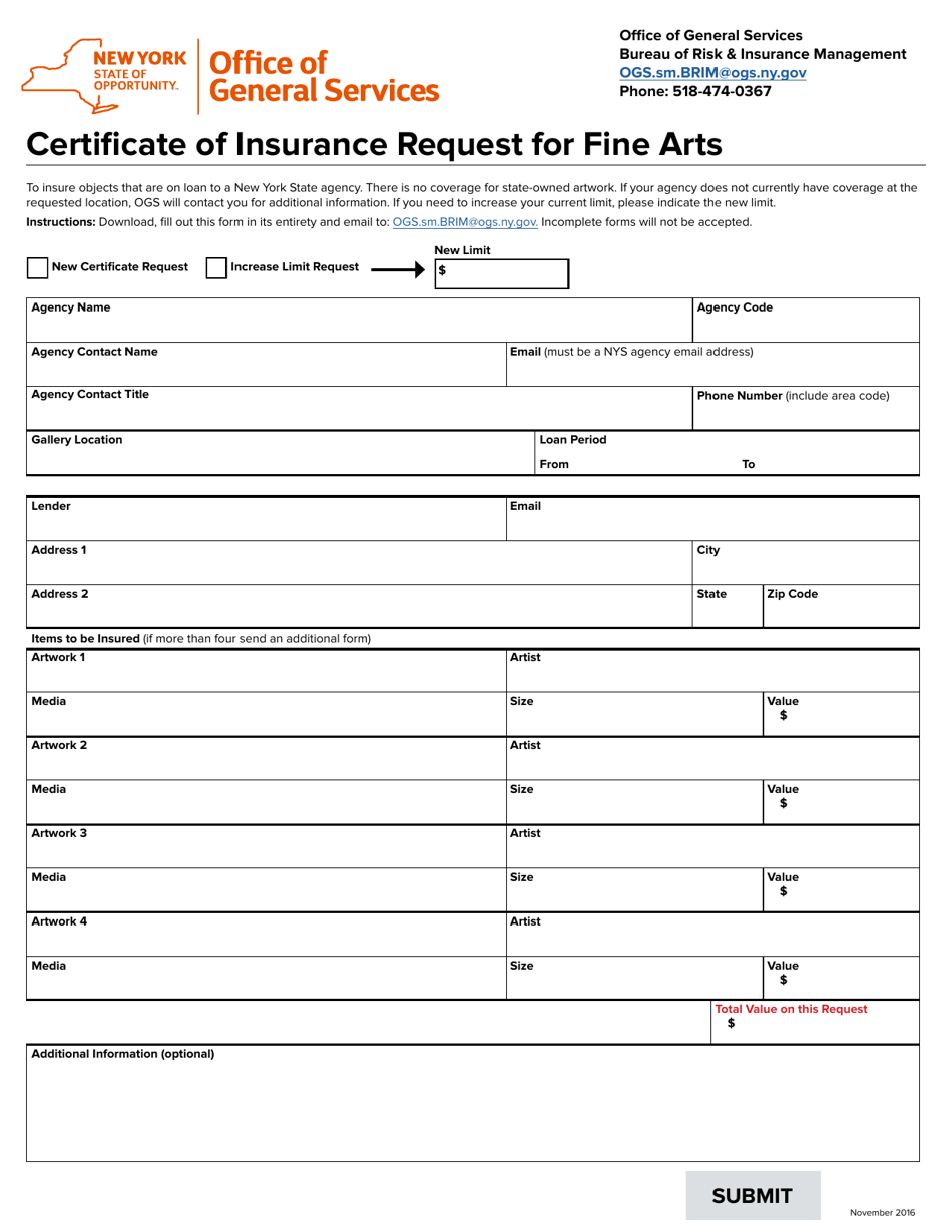 Certificate of Insurance Request for Fine Arts - New York, Page 1