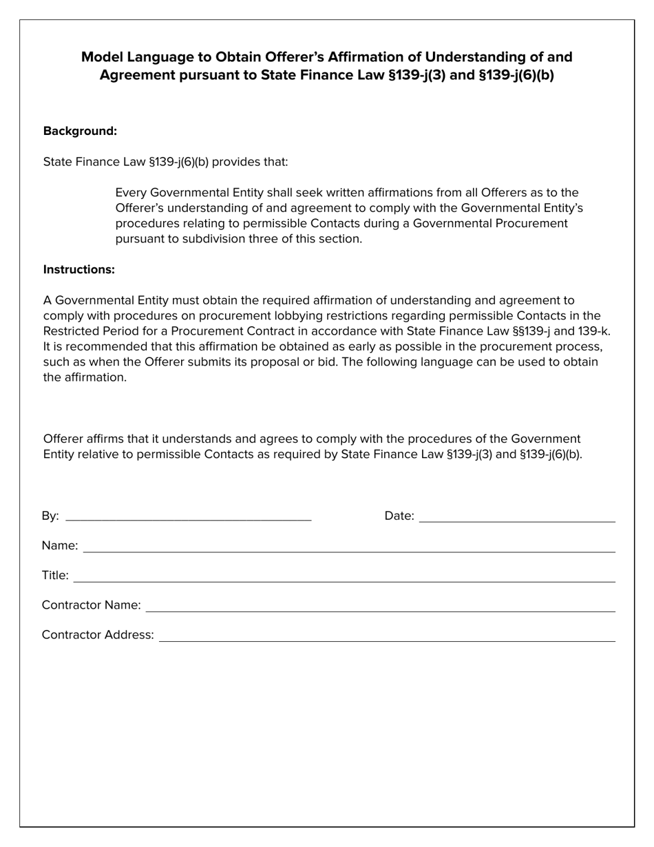 New York Model Language to Obtain Offerer's Affirmation of