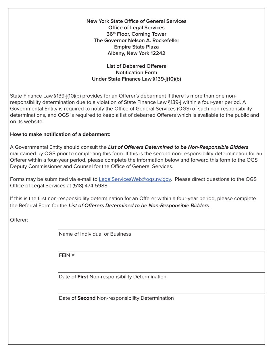 New York List of Debarred Offerers Notification Form Under State