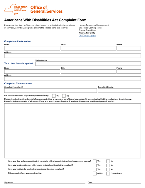 Americans With Disabilities Act Complaint Form - New York Download Pdf