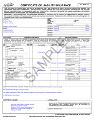 Document preview: Form ACORD25 Certificate of Liability Insurance (Sample With No Pollution Coverage) - New York