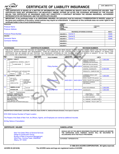 Form ACORD25 Certificate of Liability Insurance (Sample With No Pollution Coverage) - New York