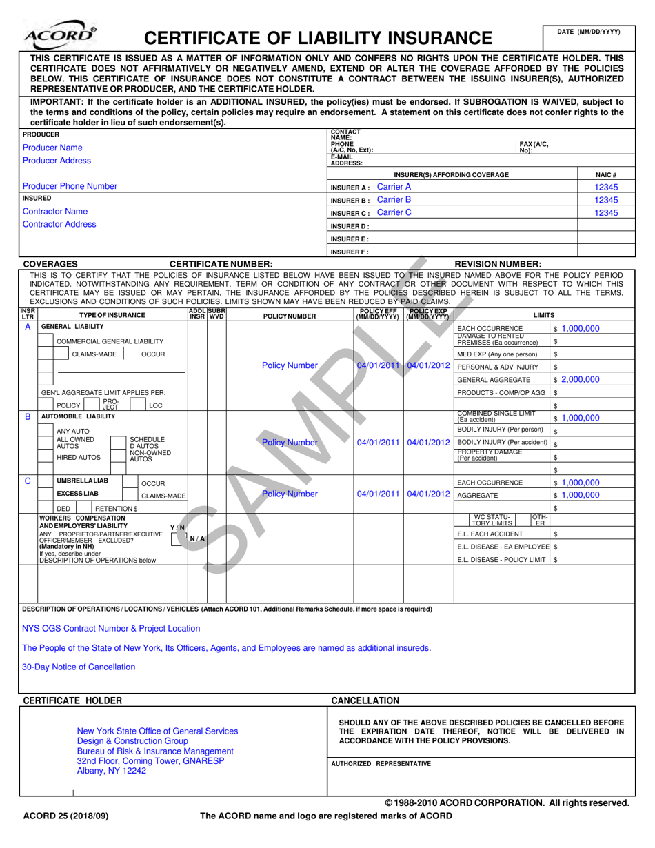 Form ACORD25 Certificate of Liability Insurance (Sample With No Pollution Coverage) - New York, Page 1