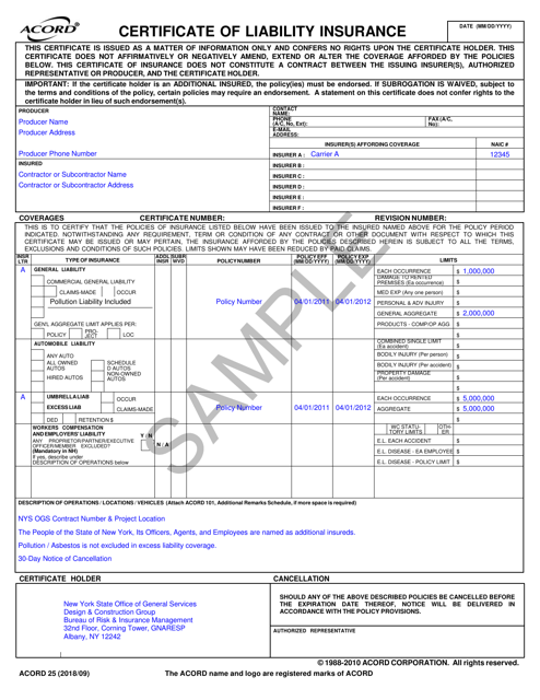 Form ACORD25 Certificate of Liability Insurance (Sample With Pollution Coverage) - New York