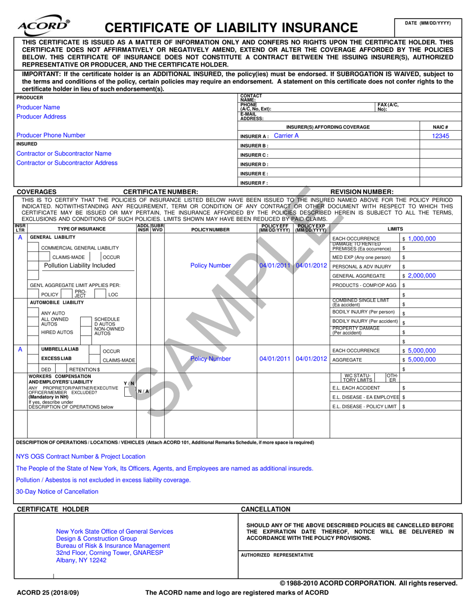 Form ACORD25 Certificate of Liability Insurance (Sample With Pollution Coverage) - New York, Page 1