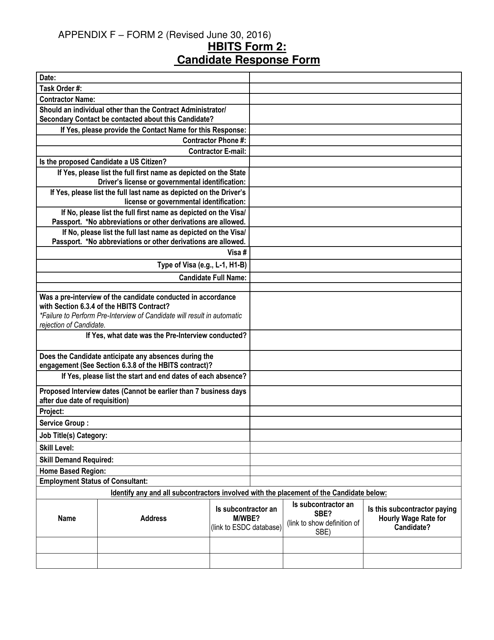 HBITS Form 2 Appendix F  Printable Pdf