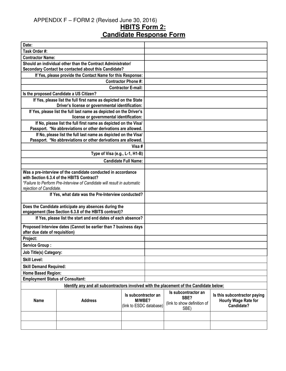 HBITS Form 2 Appendix F Candidate Response Form - New York, Page 1