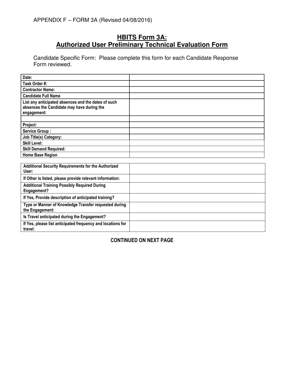 HBITS Form 3A Appendix F Authorized User Preliminary Technical Evaluation Form - New York, Page 1