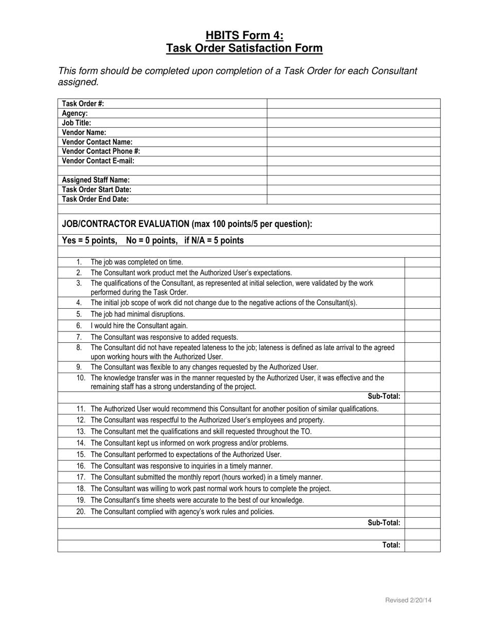 HBITS Form 4 Task Order Satisfaction Form - New York, Page 1