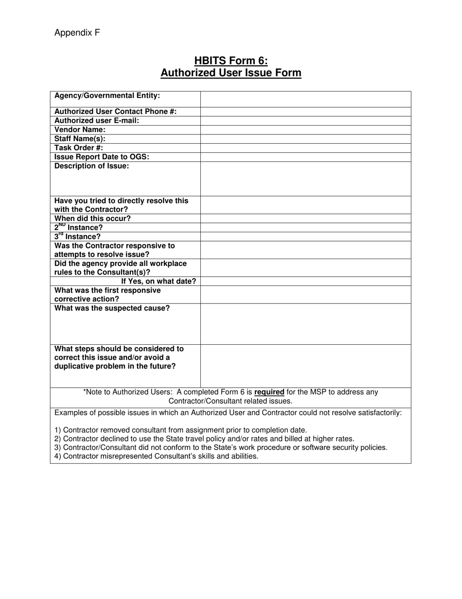 HBITS Form 6 Appendix F Authorized User Issue Form - New York, Page 1