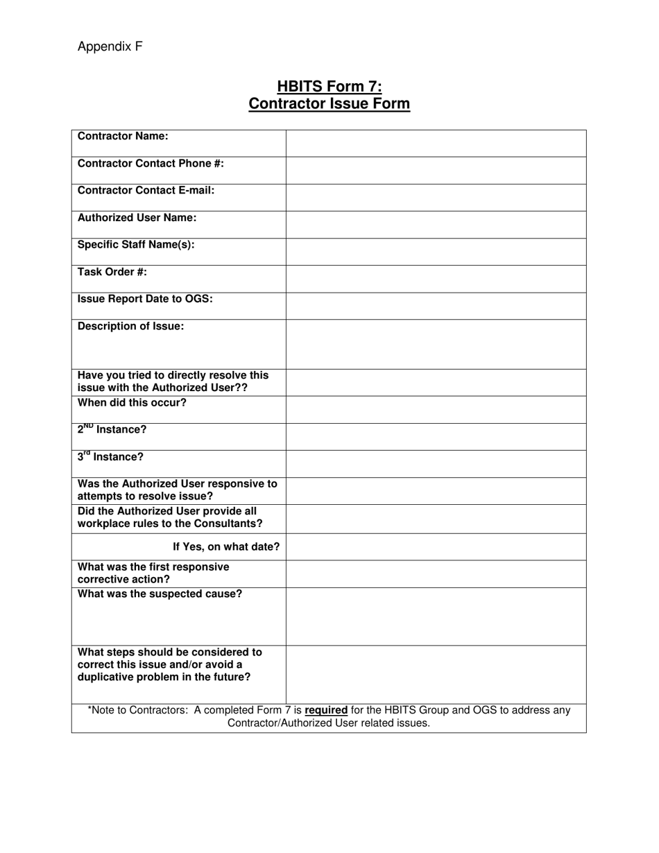 HBITS Form 7 Appendix F Contractor Issue Form - New York, Page 1