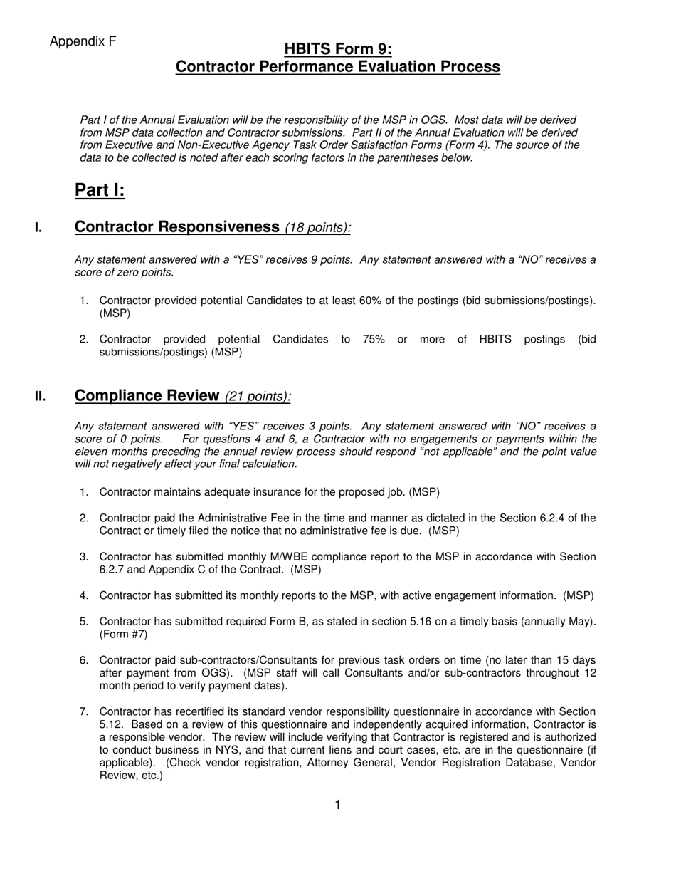 HBITS Form 9 Appendix F Contractor Performance Evaluation Process - New York, Page 1