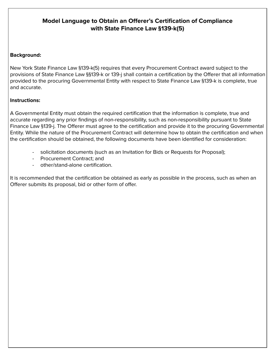 New York Model Language to Obtain Offerer Certification of Compliance