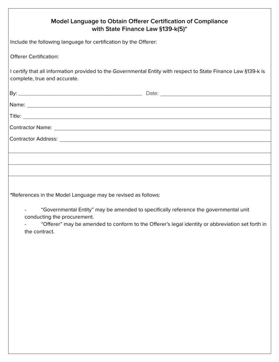 New York Model Language to Obtain Offerer Certification of Compliance