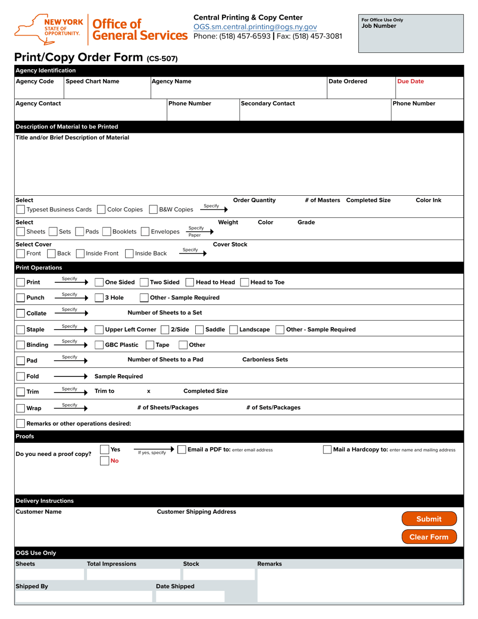 Form CS-507 Print/Copy Order Form - New York, Page 1