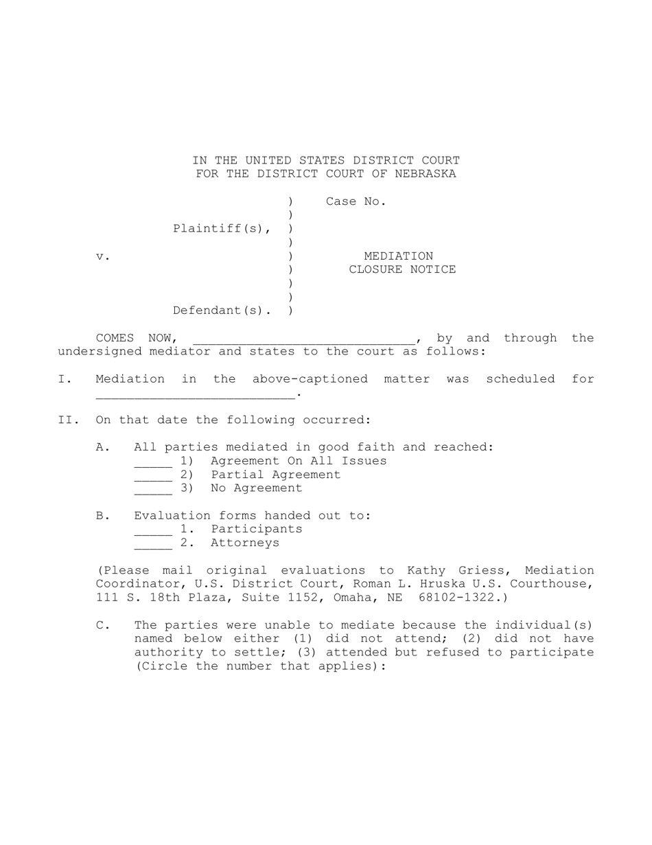 Mediation Closure Notice - Nebraska, Page 1
