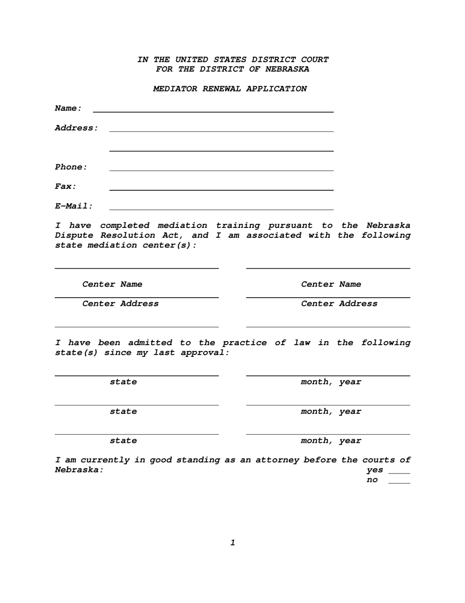 Mediator Renewal Application - Nebraska, Page 1