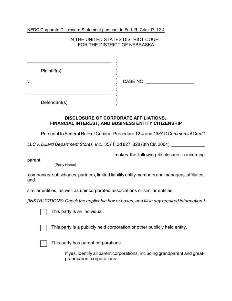 Disclosure of Corporate Affiliations, Financial Interest, and Business Entity Citizenship (Criminal) - Nebraska, Page 1