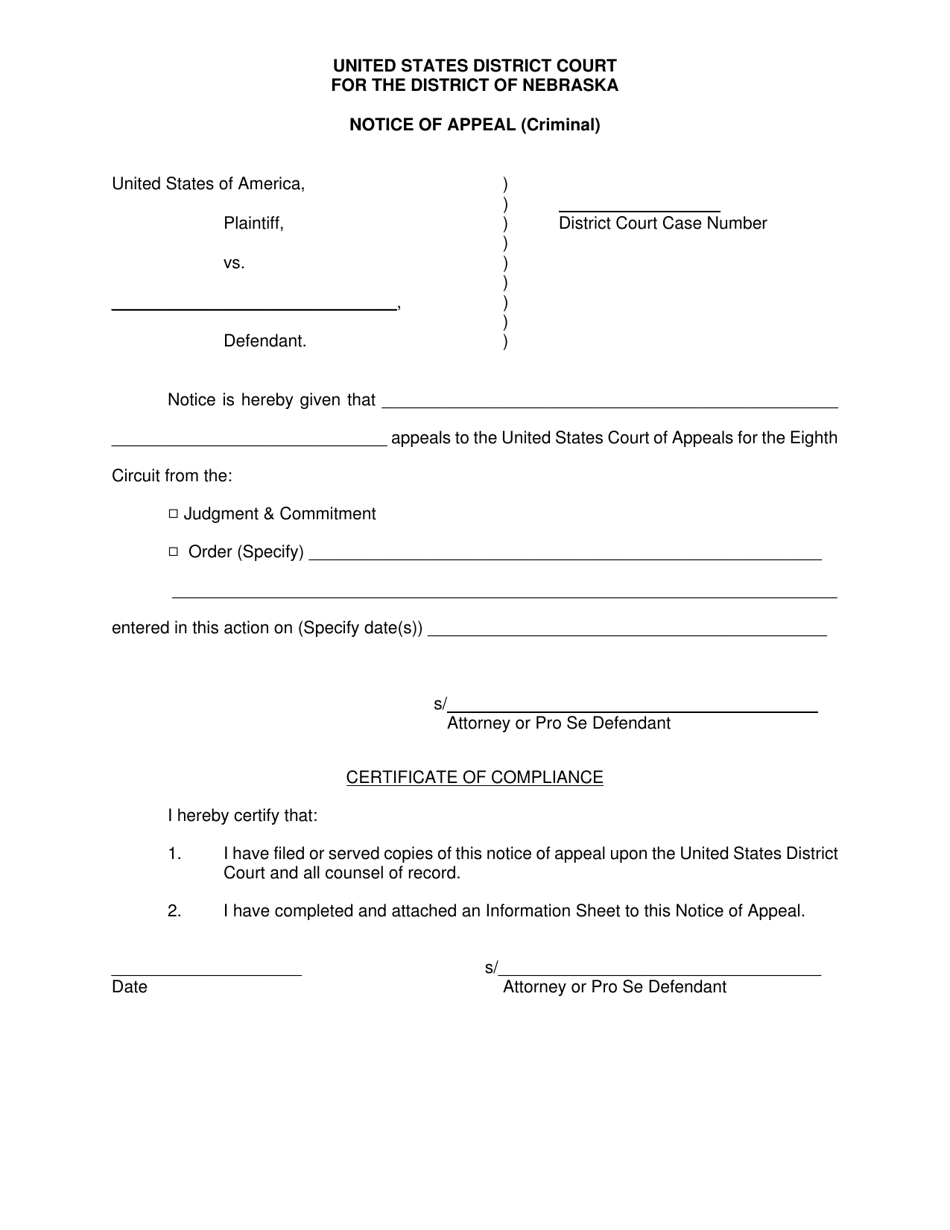 Nebraska Notice of Appeal (Criminal) - Fill Out, Sign Online and ...