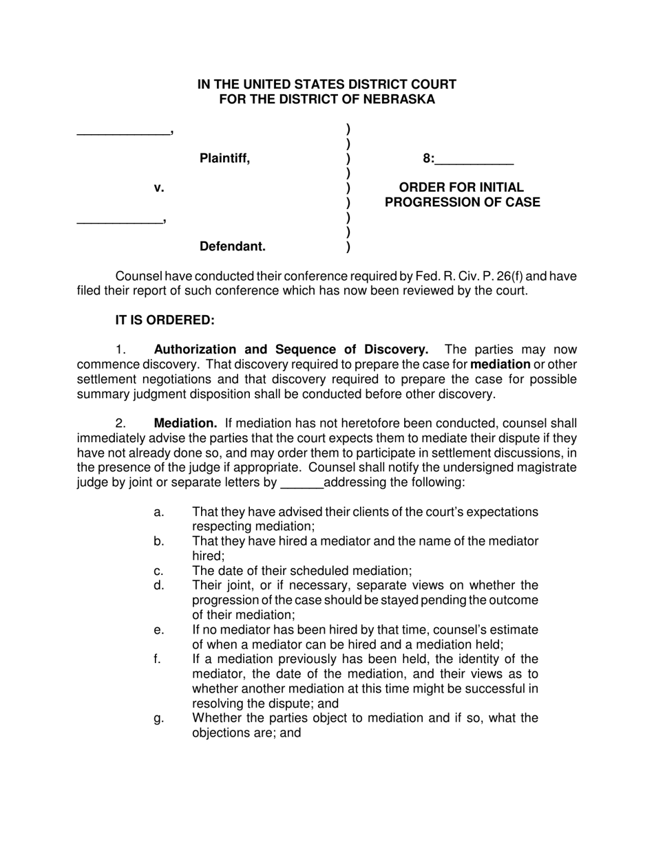 Order for Initial Progression of Case - Nebraska, Page 1