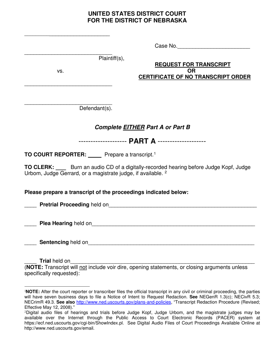 Request for Transcript or Certificate of No Transcript Order - Nebraska, Page 1
