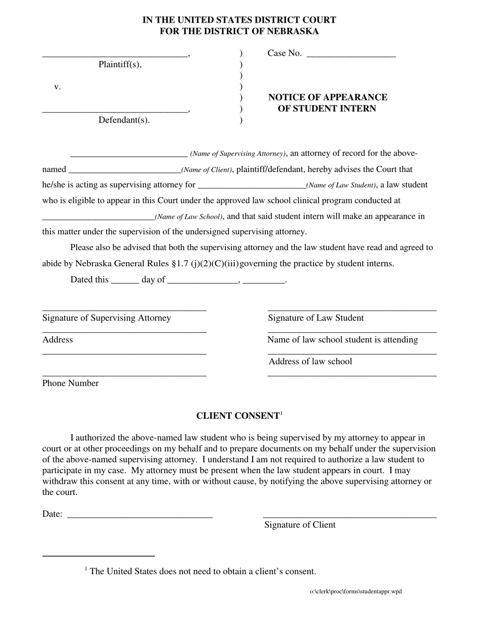 Notice of Appearance of Student Intern - Nebraska, Page 1