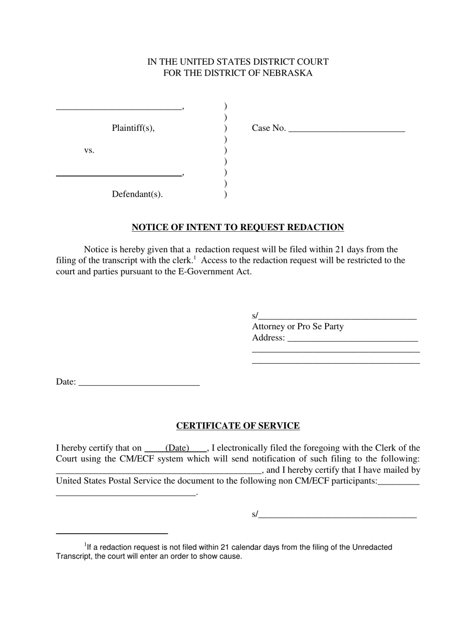 Notice of Intent to Request Redaction - Nebraska, Page 1