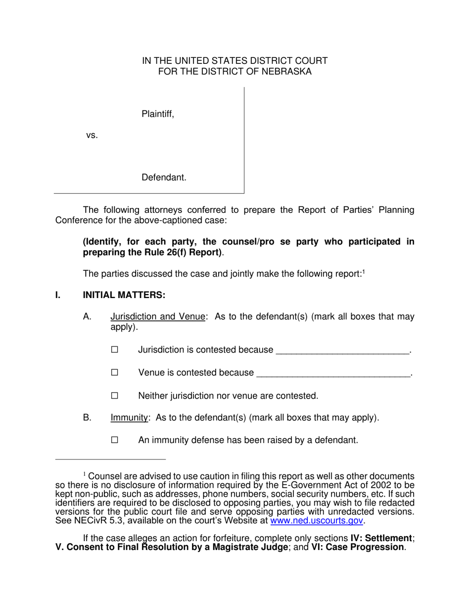 Rule 26(F) Report - Nebraska, Page 1