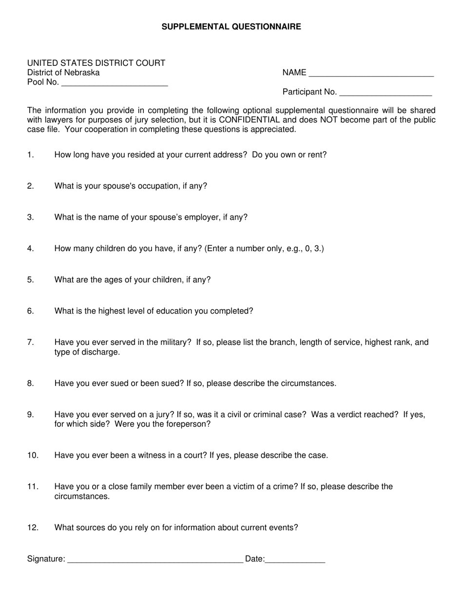 Supplemental Jury Questionnaire - Nebraska, Page 1