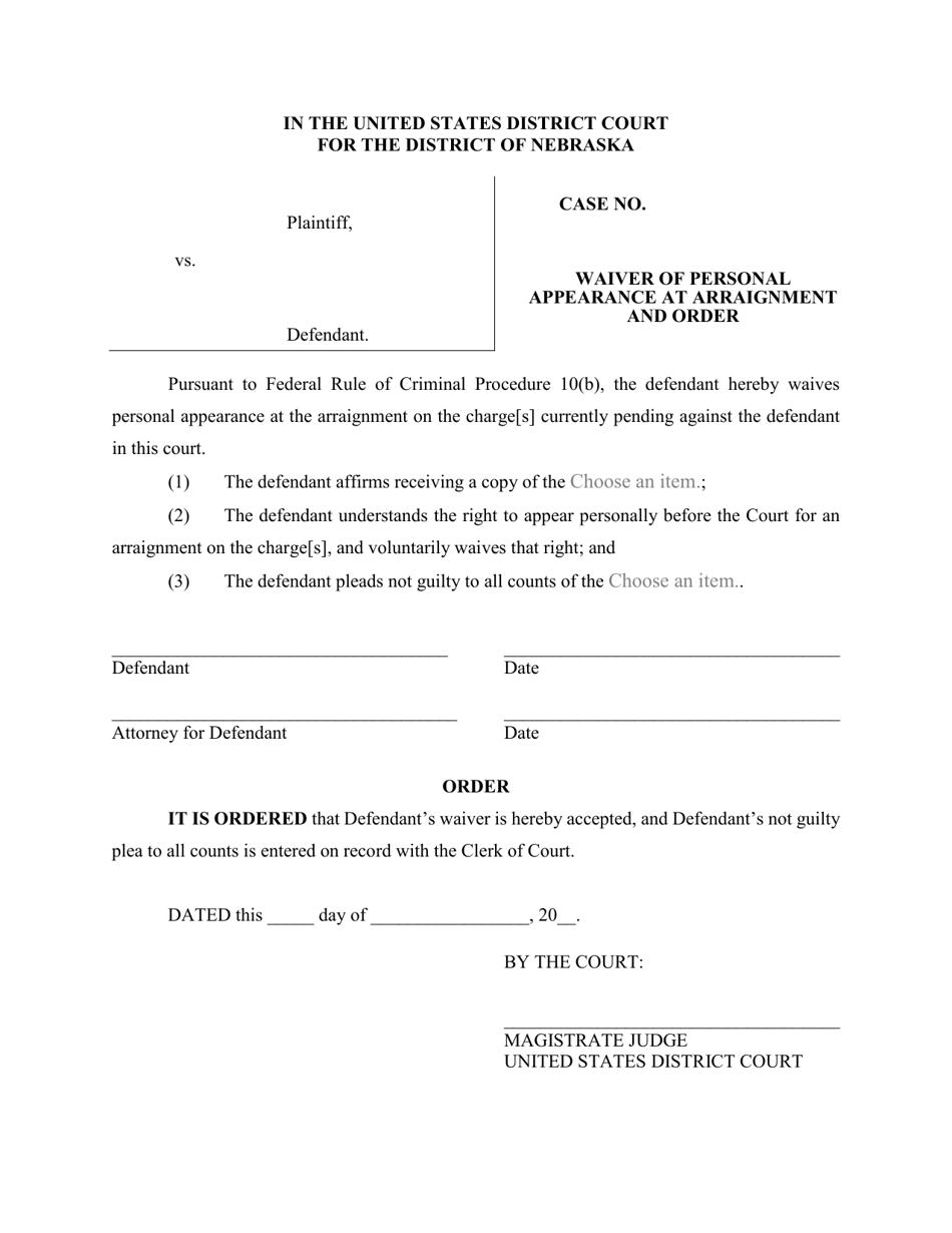Waiver of Personal Appearance at Arraignment and Order - Nebraska, Page 1