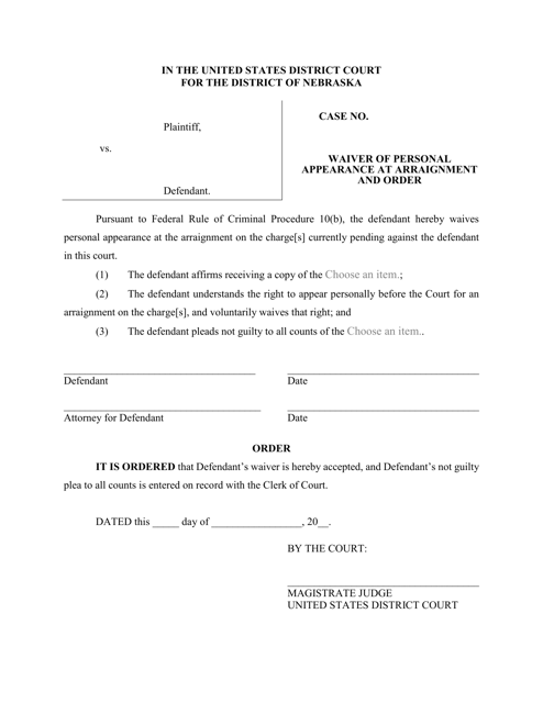 Waiver of Personal Appearance at Arraignment and Order - Nebraska Download Pdf